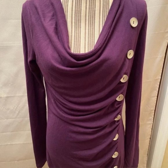 Pretty PattyBoutik Women's Cowl Neck Button Embellished Top (Deep Purple L) - Picture 2 of 7